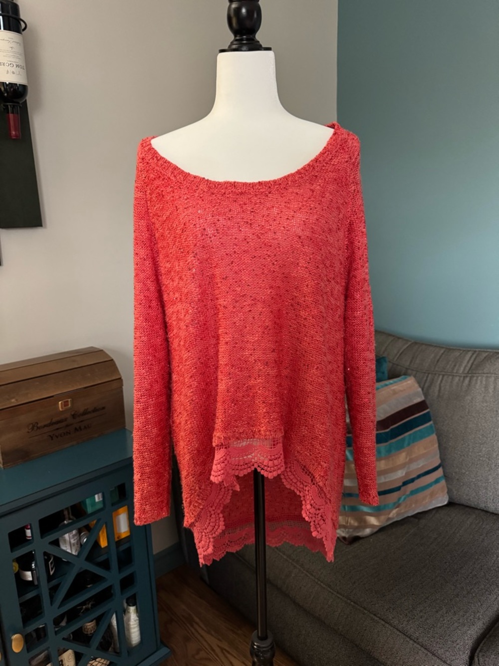 Boston Proper Coral Knit Sweater with Sequins and Lace Hem